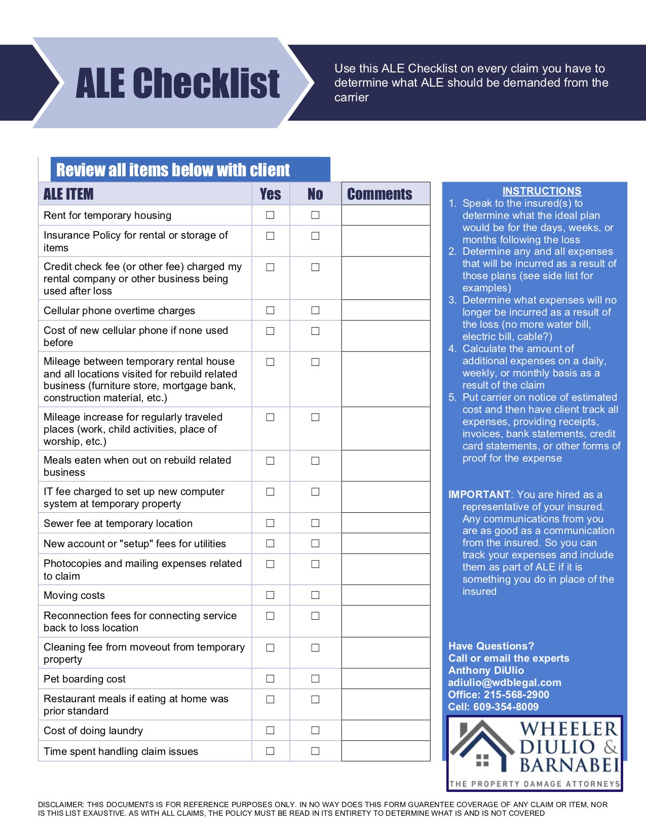 Additional Living Expense Checklist Wheeler Diulio Barnabei